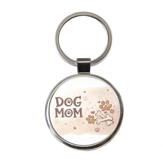 Dog Mom Paw Prints Treats Round Metal Keychain