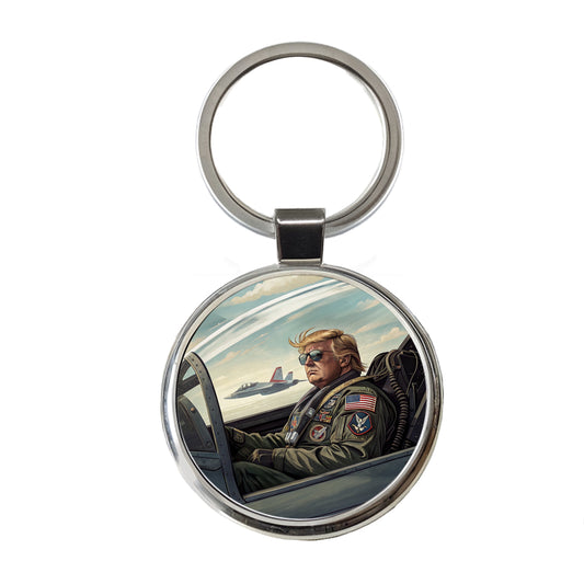 Donald Trump In Jet Fighter Funny Patriotic Round Metal Keychain
