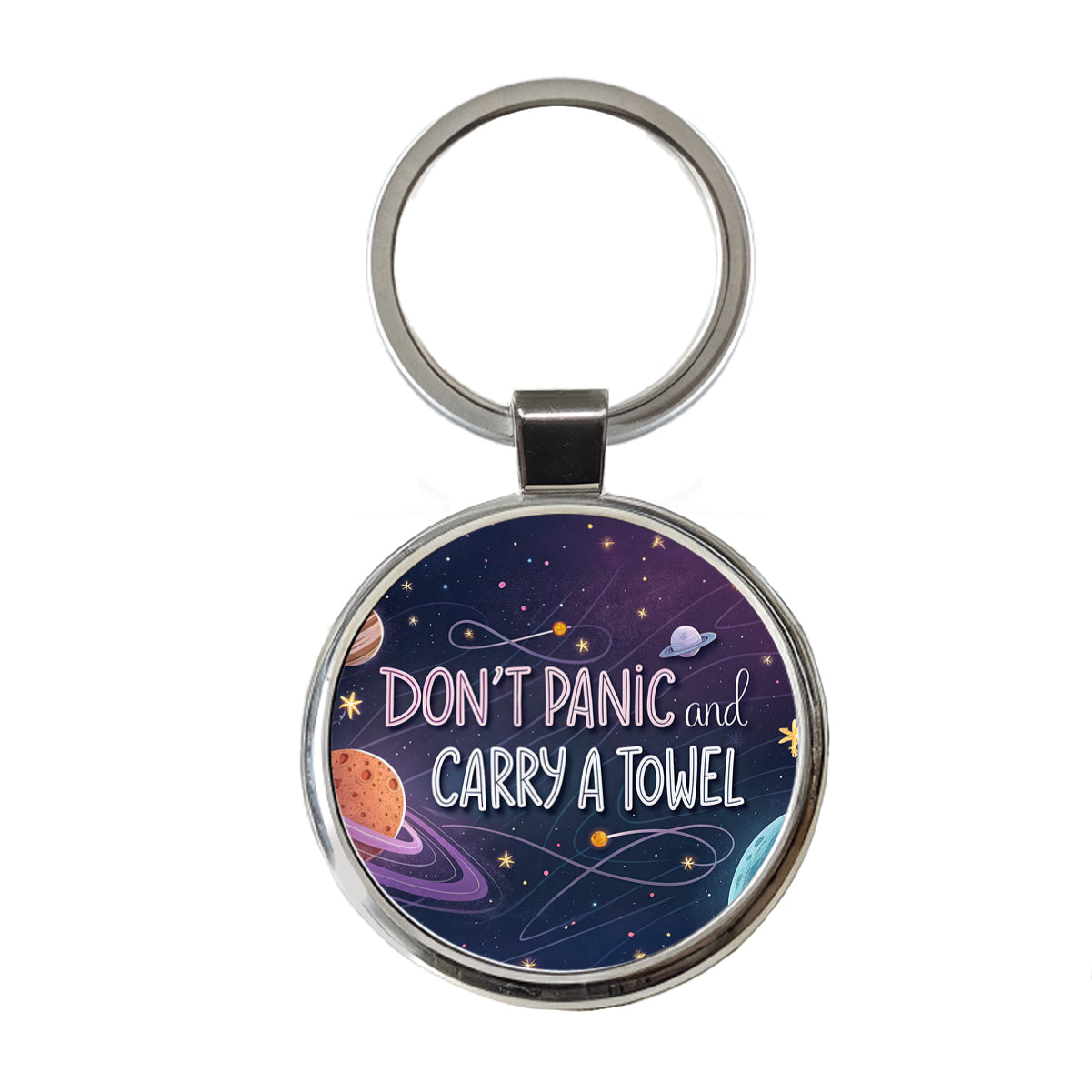 Don't Panic And Carry A Towel Funny Sci-Fi Round Metal Keychain