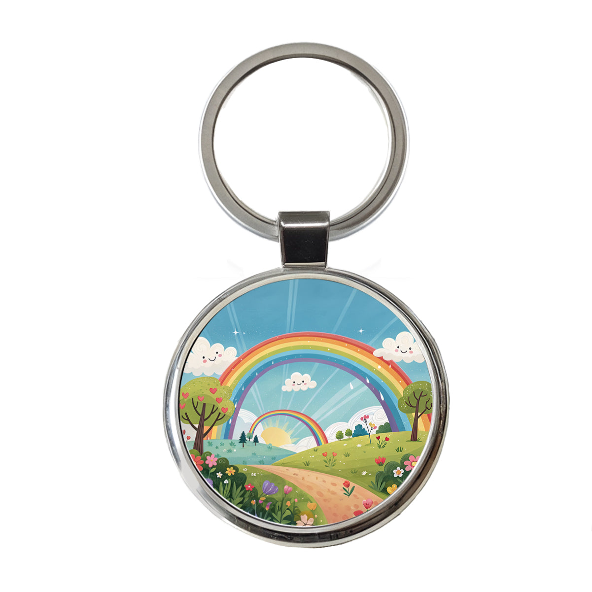 Double Rainbow Cartoon Illustration Round Metal Keychain