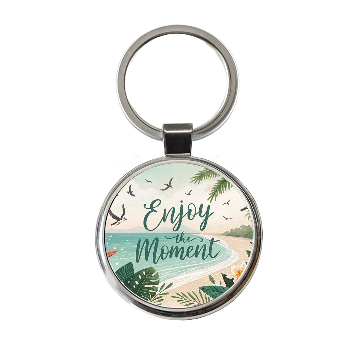 Enjoy The Moment Tropical Beach Inspirational Round Metal Keychain