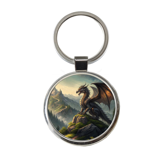 Fantasy Dragon on Mountain Illustration Round Metal Keychain