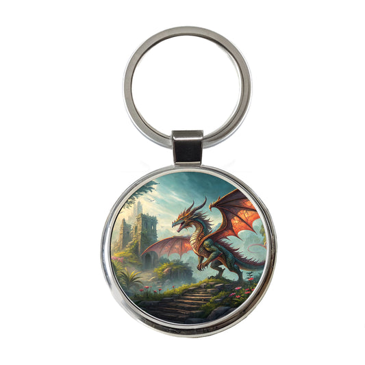 Fantasy Dragon Retro Pulp Magazine Illustration Round Metal Keychain