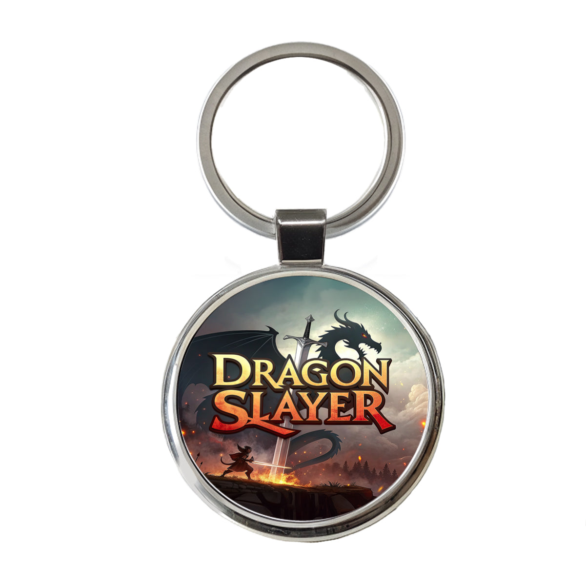 Fantasy Knight Dragon Slayer Illustration Round Metal Keychain