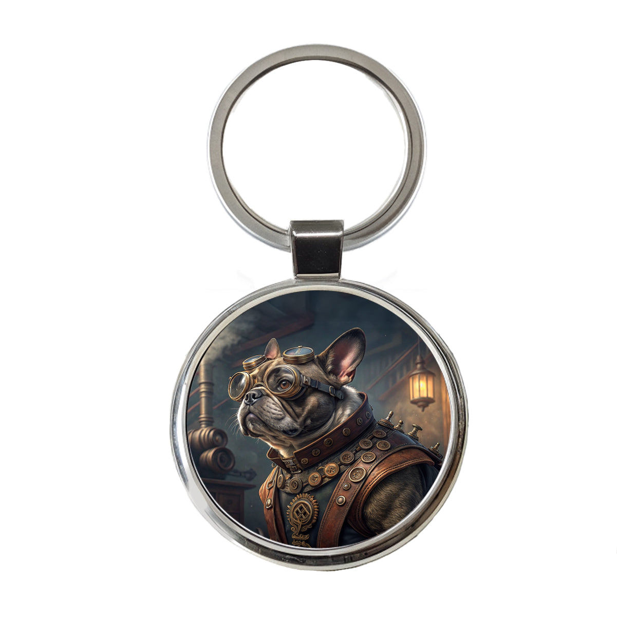 French Bulldog Dog Steampunk Round Metal Keychain
