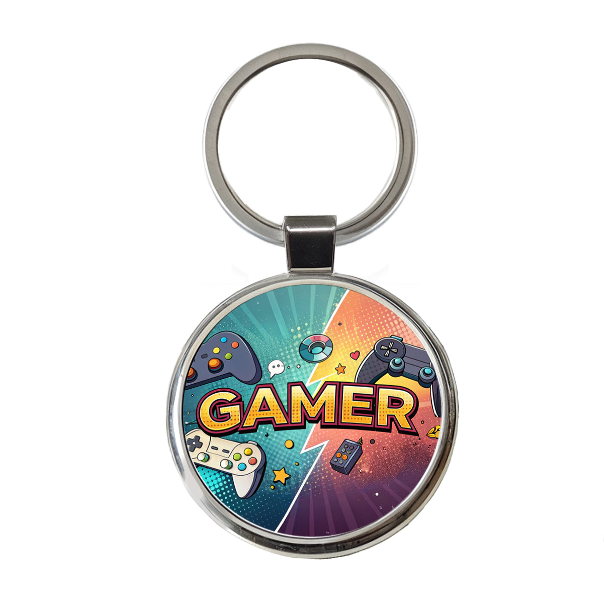 Gamer Retro Gaming Controllers Illustration Round Metal Keychain