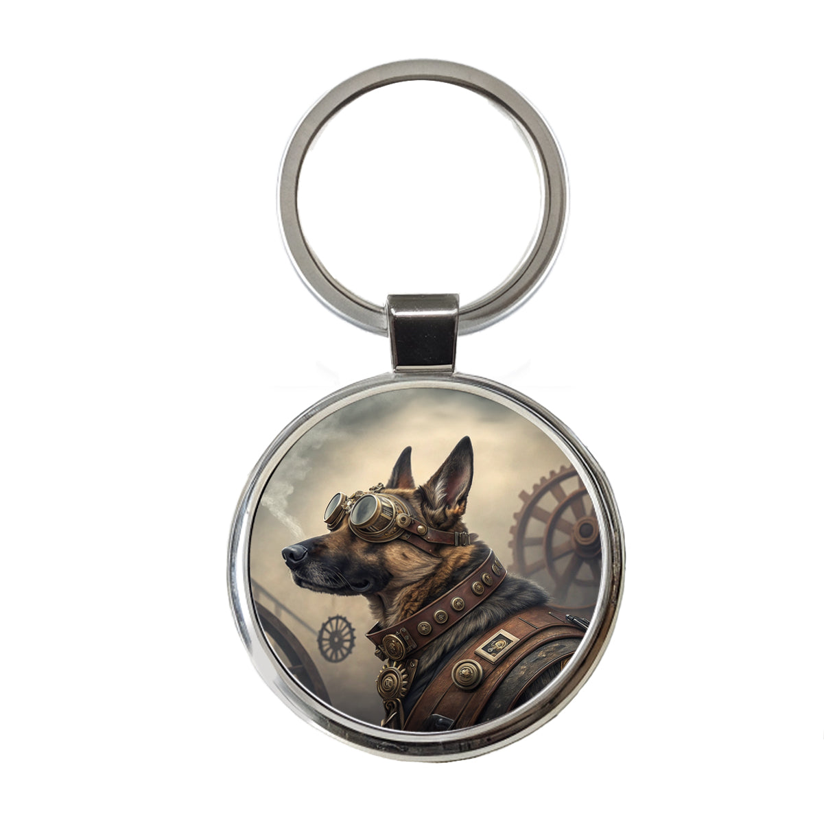 German Shepherd Dog Steampunk Round Metal Keychain