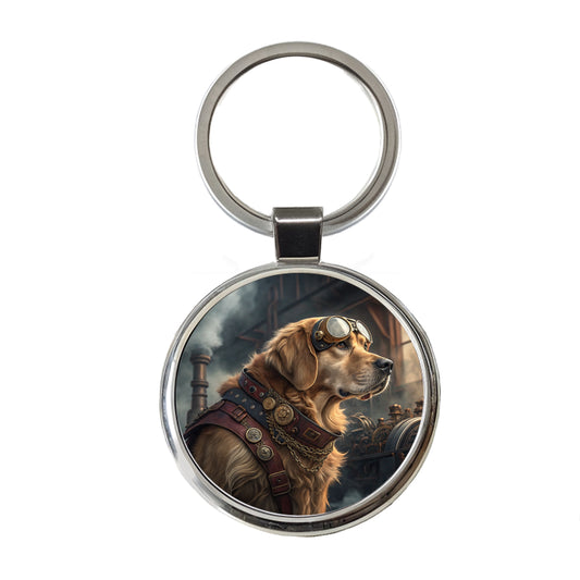 Golden Retriever Dog Steampunk Round Metal Keychain