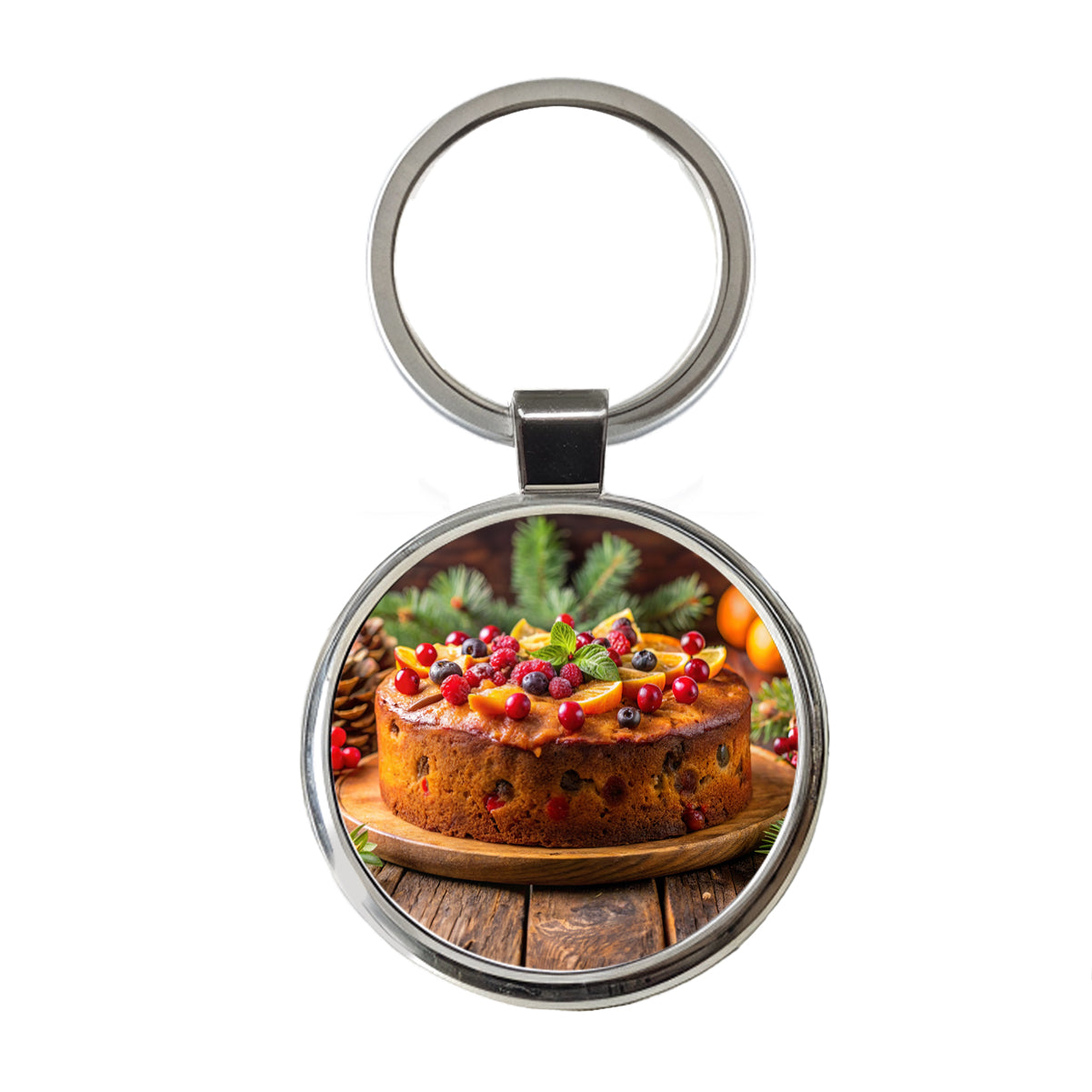 Holiday Fruitcake Fruit Cake Dessert Round Metal Keychain