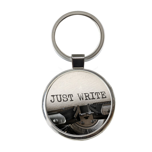 Just Write Retro Typewriter Inspirational Round Metal Keychain