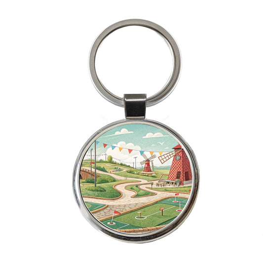 Miniature Golf Course Round Metal Keychain