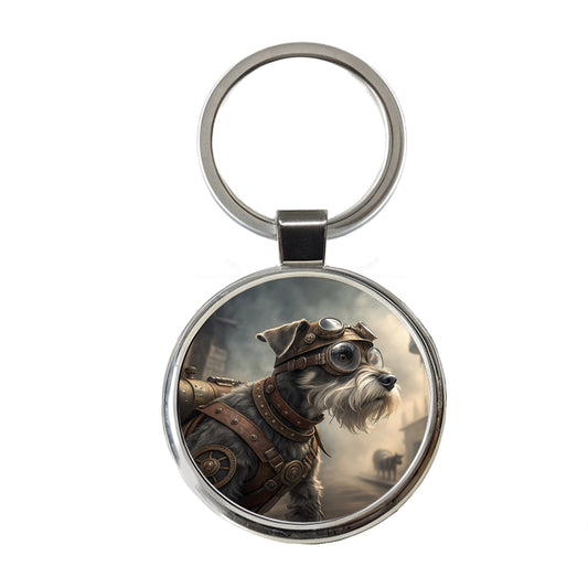 Miniature Schnauzer Dog Steampunk Round Metal Keychain