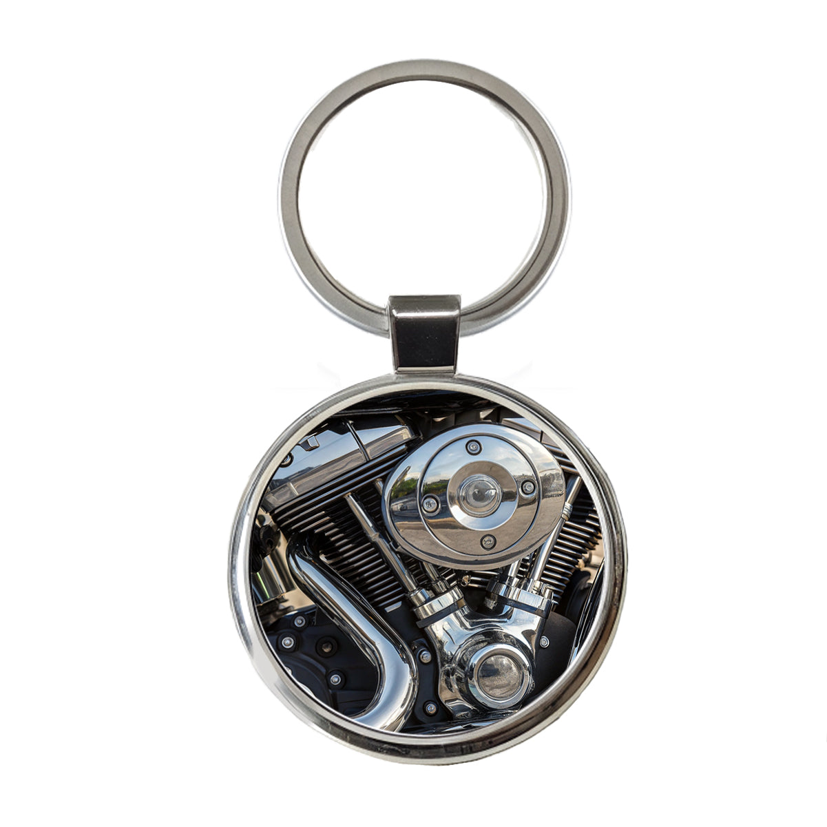 Motorcycle Chrome Engine Close-up Round Metal Keychain