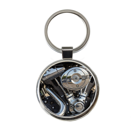 Motorcycle Chrome Engine Close-up Round Metal Keychain
