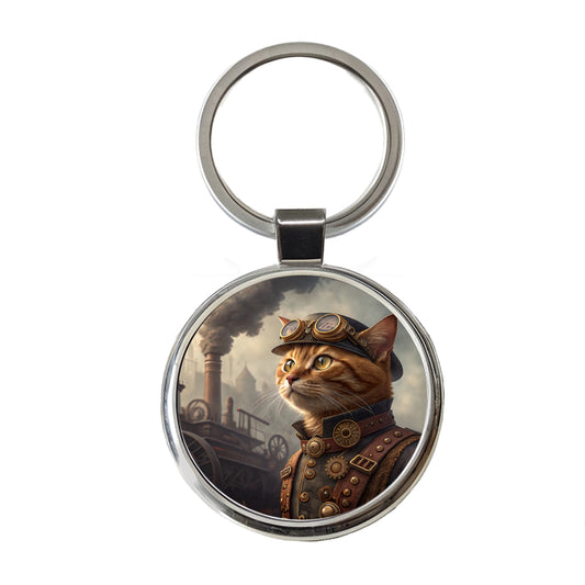 Orange Tabby Cat Steampunk Round Metal Keychain