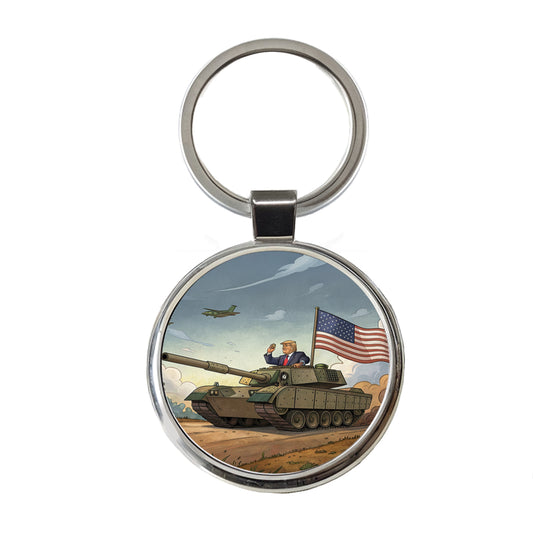 Patriotic Donald Trump Driving M1 Abrams Tank Funny Round Metal Keychain