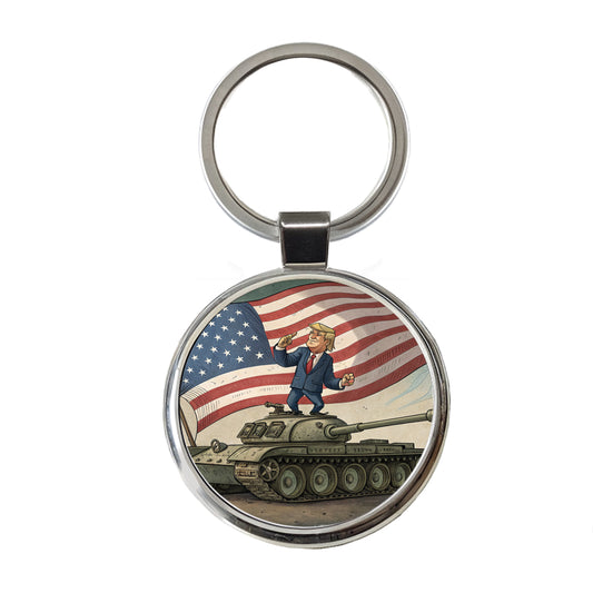 Patriotic Donald Trump Standing On Tank Funny Round Metal Keychain