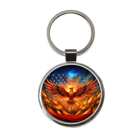 Patriotic Phoenix Rising American Flag Round Metal Keychain