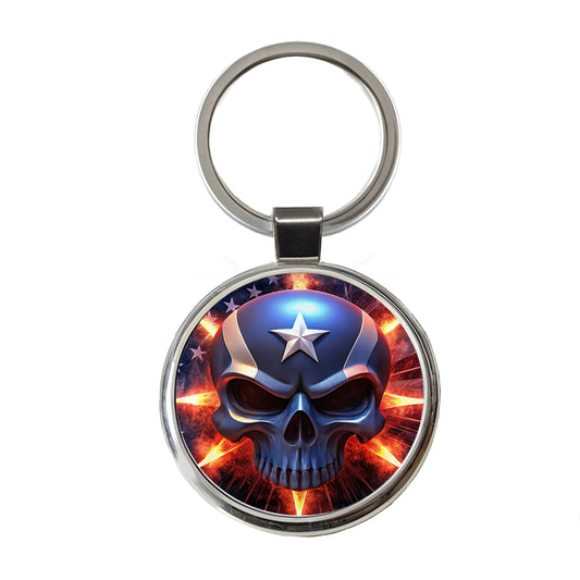 Patriotic Skull And American Flag Round Metal Keychain