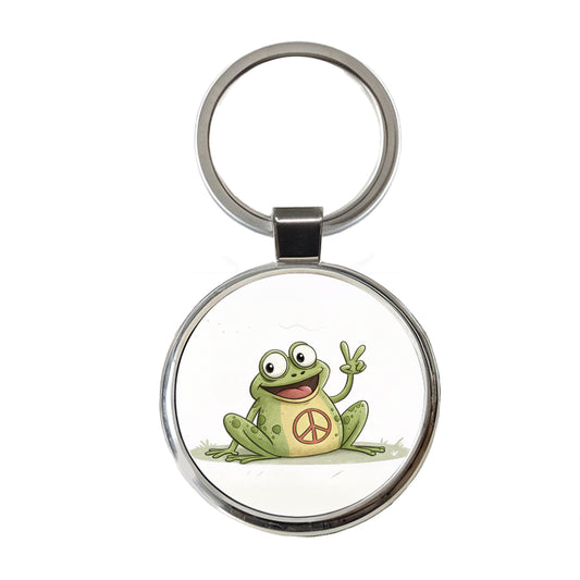 Peace Sign Frog Cartoon Round Metal Keychain