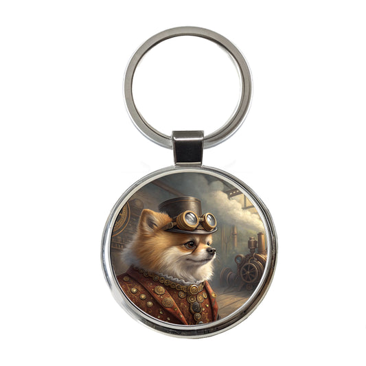 Pomeranian Dog Steampunk Round Metal Keychain