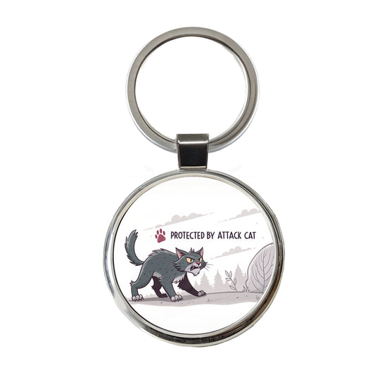 Protected By Attack Cat Funny Round Metal Keychain
