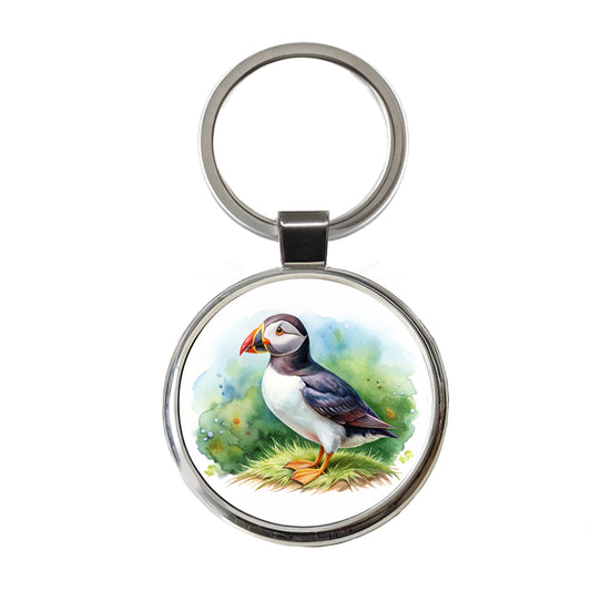Puffin Bird Watercolor Round Metal Keychain