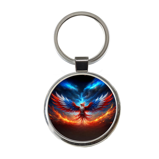 Red White And Blue Phoenix Rising Round Metal Keychain