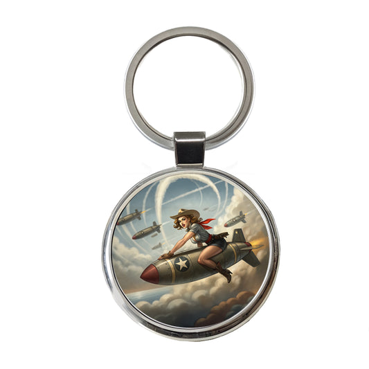 Rockabilly Patriotic Pin-Up Cowgirl Riding Bomb Funny Round Metal Keychain