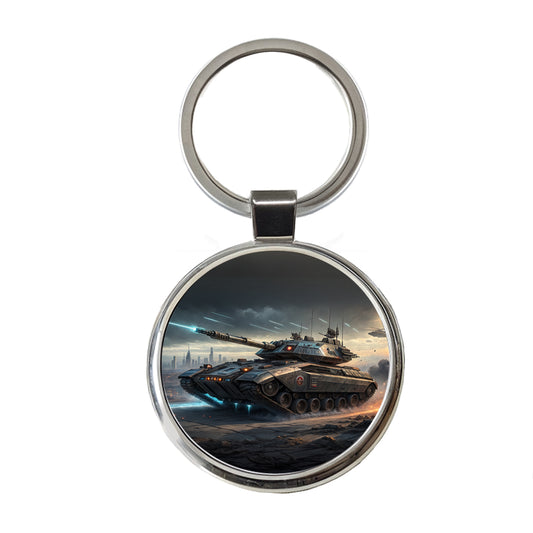 Sci-Fi Tank In Battle Round Metal Keychain