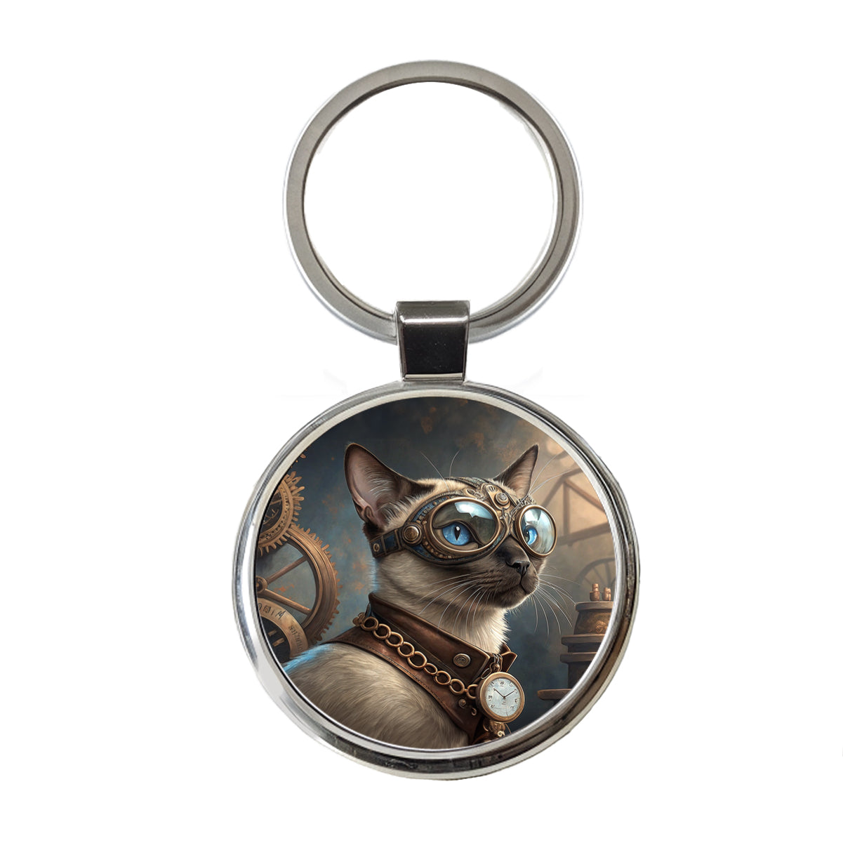 Siamese Cat Steampunk Round Metal Keychain