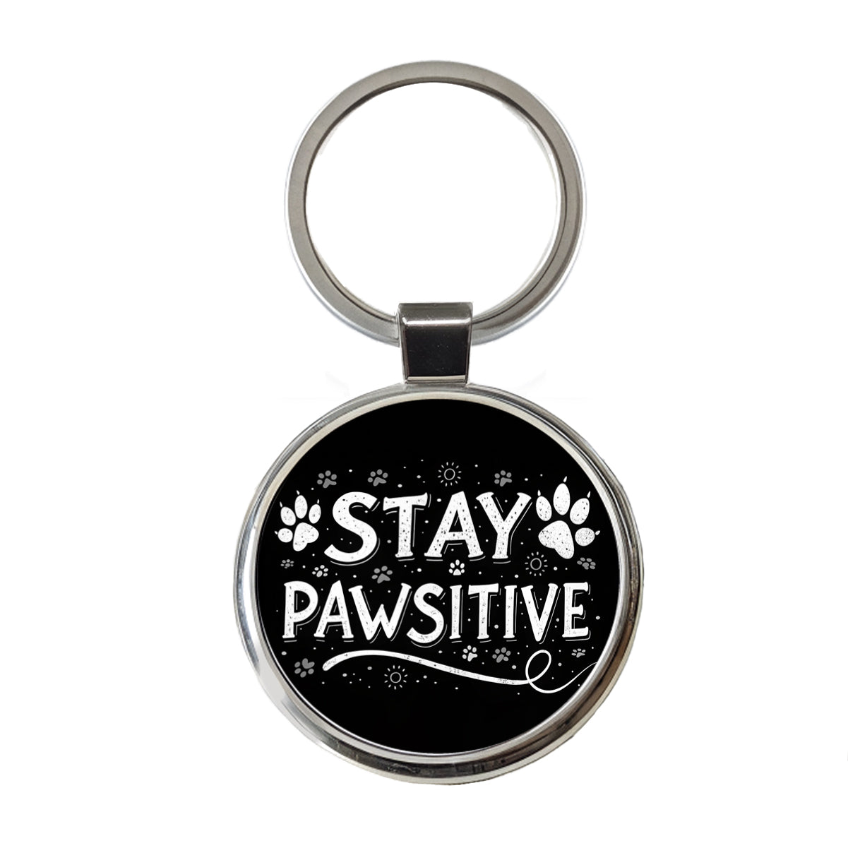 Stay Pawsitive Positive Black White Paw Prints Round Metal Keychain