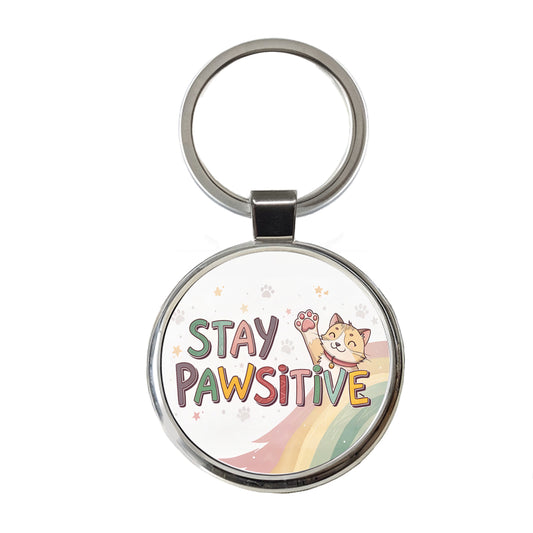 Stay Pawsitive Positive Cat Inspirational Funny Round Metal Keychain