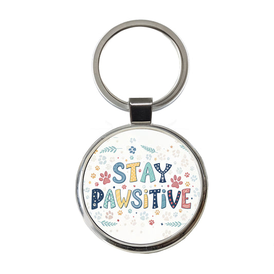 Stay Pawsitive Positive Cute Colorful Round Metal Keychain
