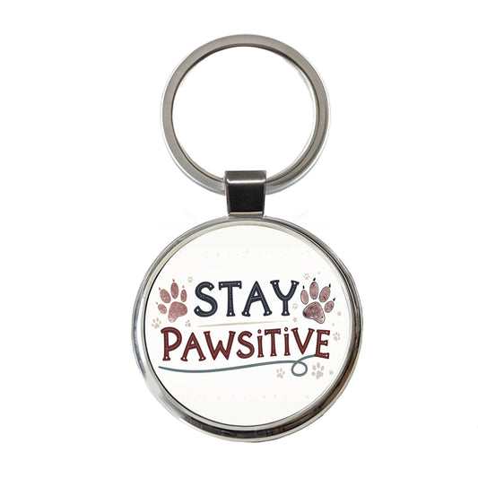 Stay Pawsitive Positive Paw Prints Inspirational Funny Round Metal Keychain