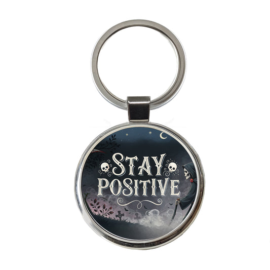 Stay Positive Funny Grim Reaper Death Cartoon Round Metal Keychain