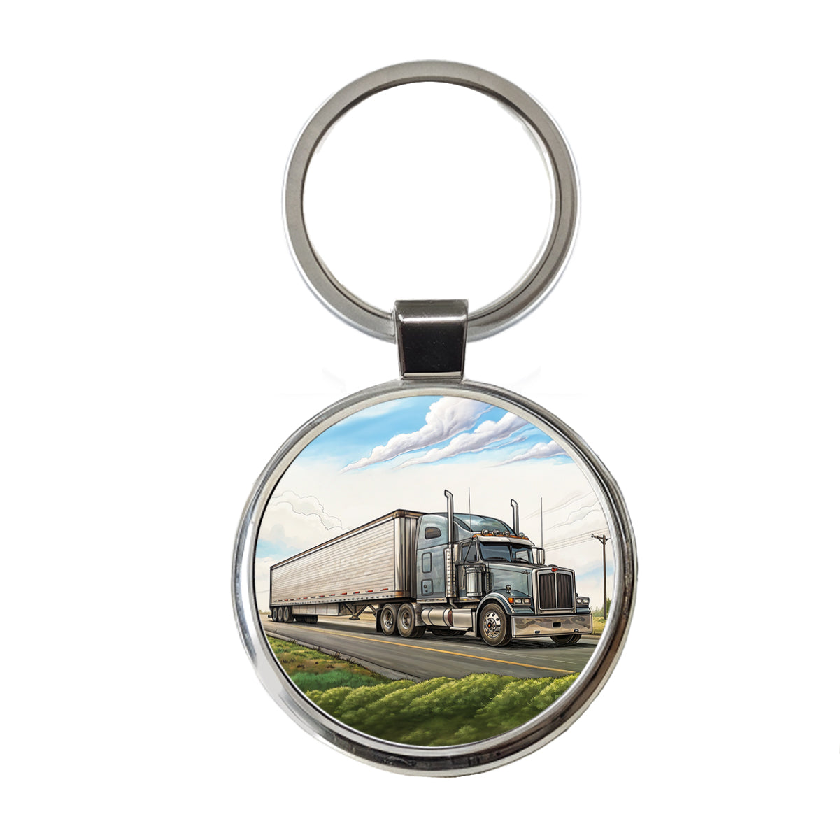Tractor Trailer Semi Big Rig Truck Round Metal Keychain
