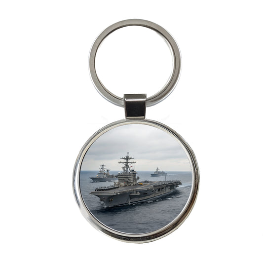 US Navy Carrier Strike Group Escorts At Sea Round Metal Keychain