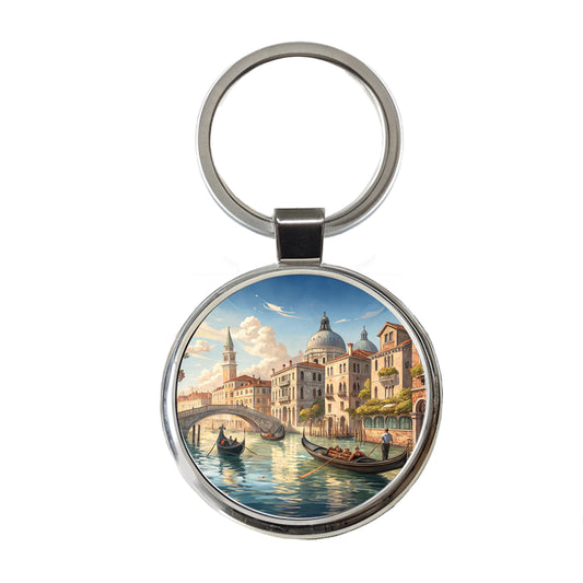 Venice Italy Canal Gondolas Round Metal Keychain