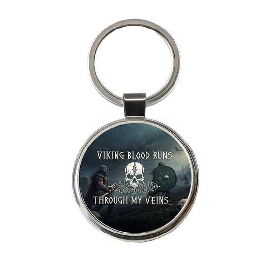 Viking Blood Runs Through My Veins Norse Scandinavian Round Metal Keychain