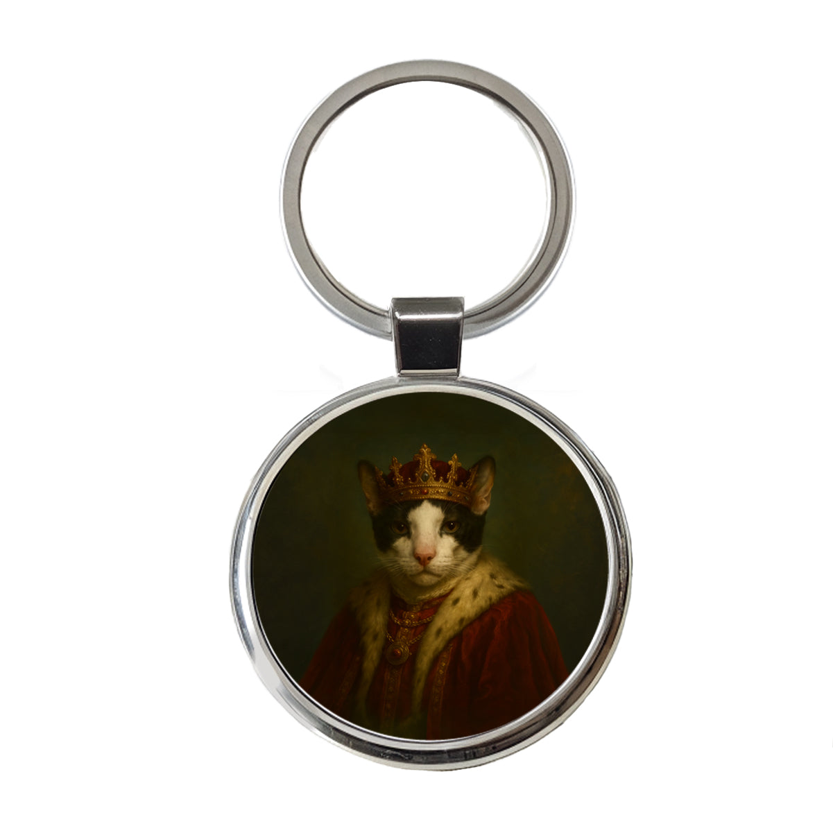 Vintage Cat King Fantasy Painting Round Metal Keychain