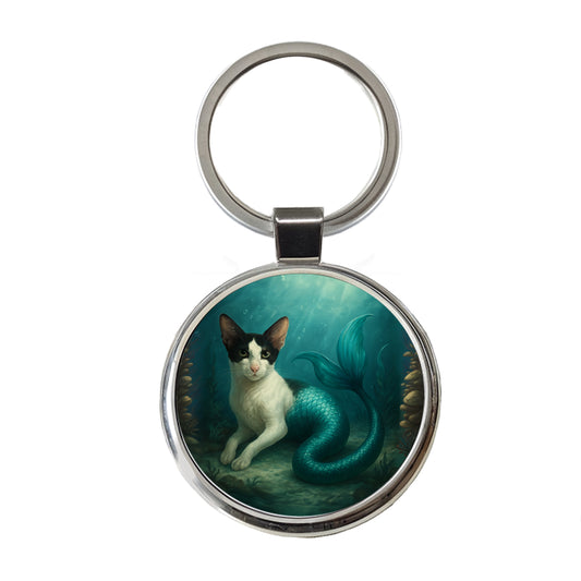 Vintage Oriental Shorthair Cat Mermaid Fantasy Painting Round Metal Keychain