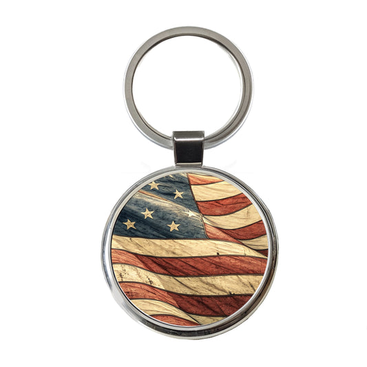 Waving Rustic American Flag Illustration Round Metal Keychain