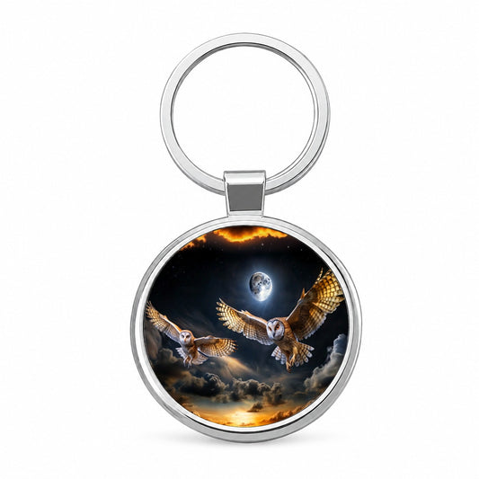 Barn Owls Flying At Night Round Metal Keychain