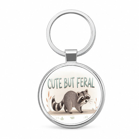 Cute But Feral Funny Raccoon Round Metal Keychain