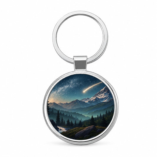 Comet Shooting Star In The Night Sky Over Mountains Round Metal Keychain