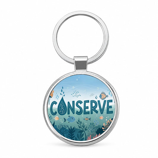 Conserve Water Fish Conservation Theme Round Metal Keychain