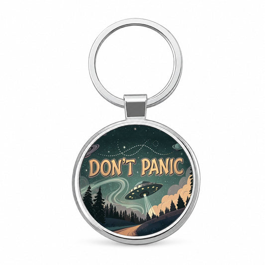 Don't Panic Retro UFO Invasion Funny Round Metal Keychain