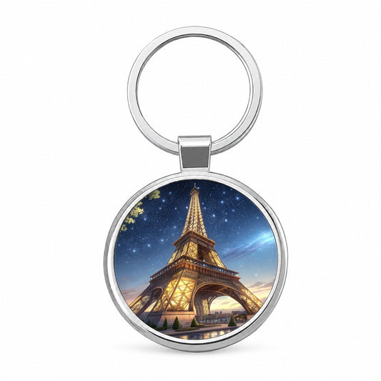 Eiffel Tower Paris At Night Illustration Round Metal Keychain