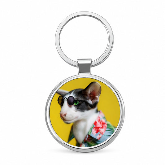 Funny Cat With Glasses And Hawaiian Shirt Round Metal Keychain